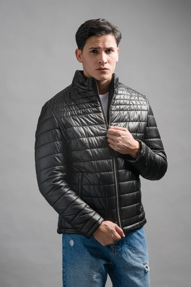 Slimfit Dik Yaka Yan Cepli Astarlı Fermuar Kapamalı Kapitone Erkek Mont - 8