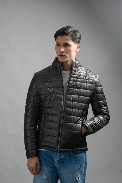 Slimfit Dik Yaka Yan Cepli Astarlı Fermuar Kapamalı Kapitone Erkek Mont - 7