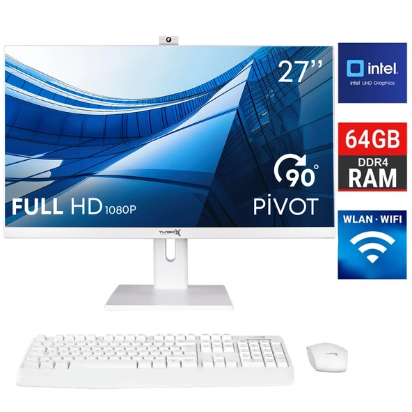 Turbox TAxPro19 i5 11400 64GB DDR4 Ram 1TB SSD 27 inç FHD Beyaz Bluetooth Webcam WiFi All in One PC