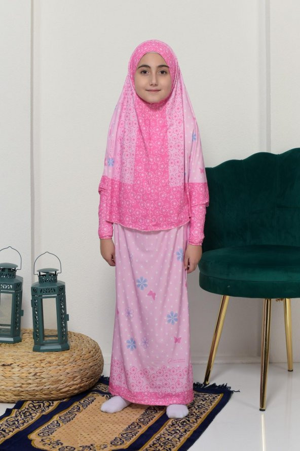 Çocuk Namaz Takımı Pratik İki Parça Desenli Kollu Tak Çıkar Başörtülü Likralı Tesettür Elbise (6-12 Yaş) 901-0102