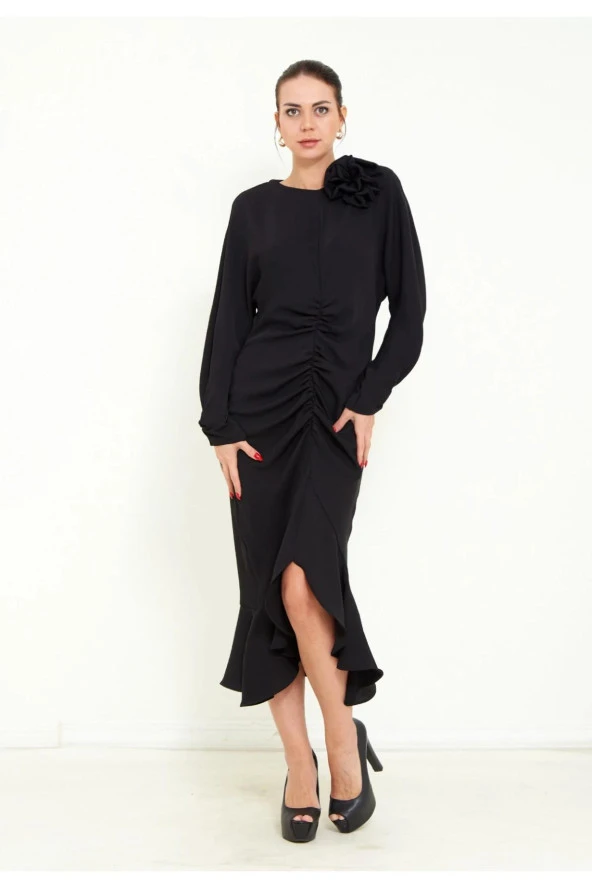 Modatalika Kadın Önden Büzgülü Uzun Kol  Midi Elbise
