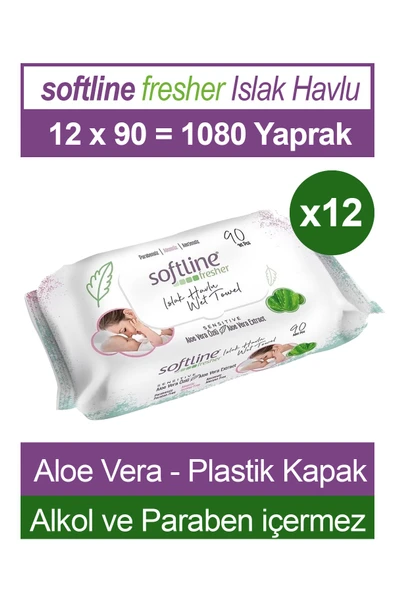 Softline Fresher Sensitive 90 Yaprak 12 Paket Islak Mendil Aloevera Özlü - 1