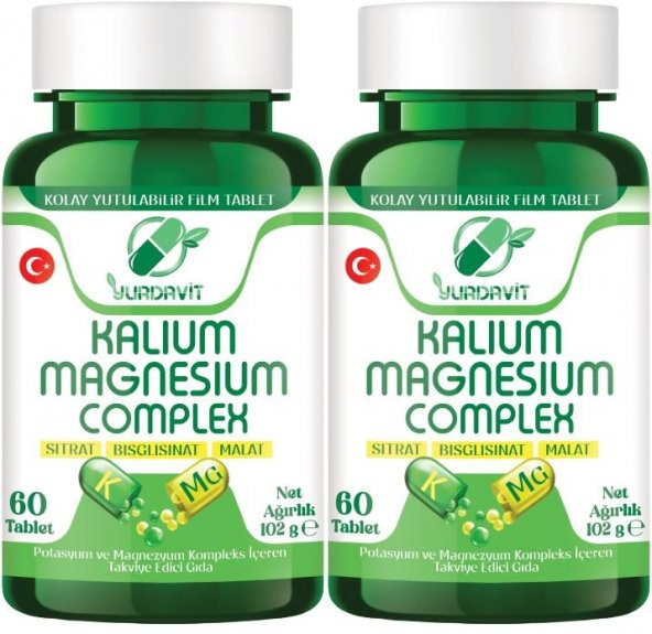 Yurdavit Potassium Magnesium Complex 2x60 Tablet Magnezyum Sitrate Malate Bisglycinate Kompleks