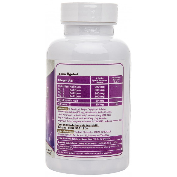 Yurdavit Hydrolyzed Collagen Type 1-2-3 100 Tablet Hyaluronic Acid Vitamin C Hidrolize Kolajen - 2