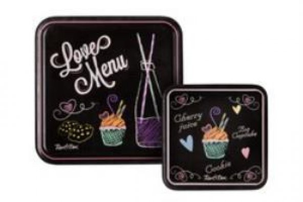 TANTİTONİ MELAMİN LOVE MENU DESENLİ 2 Lİ KARE KAYDIRMAZ TEPSİ 24-33 CM - 2