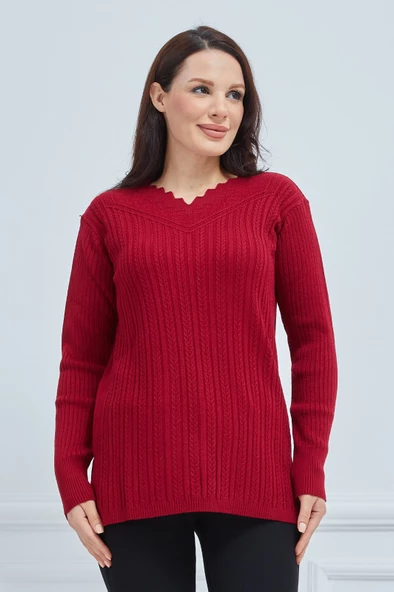 Fresh&Moda Kadın Kırmızı Triko Esnek V Yaka Kışlık Anne Kazak - 2