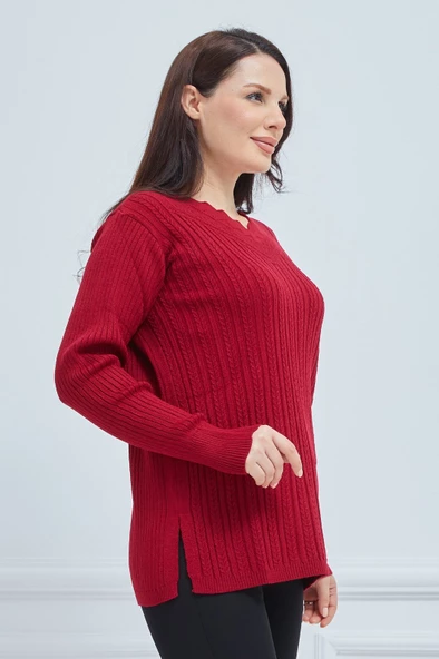 Fresh&Moda Kadın Kırmızı Triko Esnek V Yaka Kışlık Anne Kazak - 3