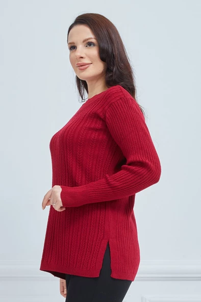 Fresh&Moda Kadın Kırmızı Triko Esnek V Yaka Kışlık Anne Kazak - 4