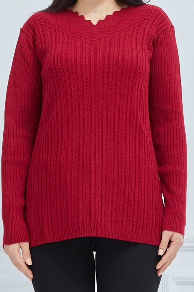 Fresh&Moda Kadın Kırmızı Triko Esnek V Yaka Kışlık Anne Kazak - 5