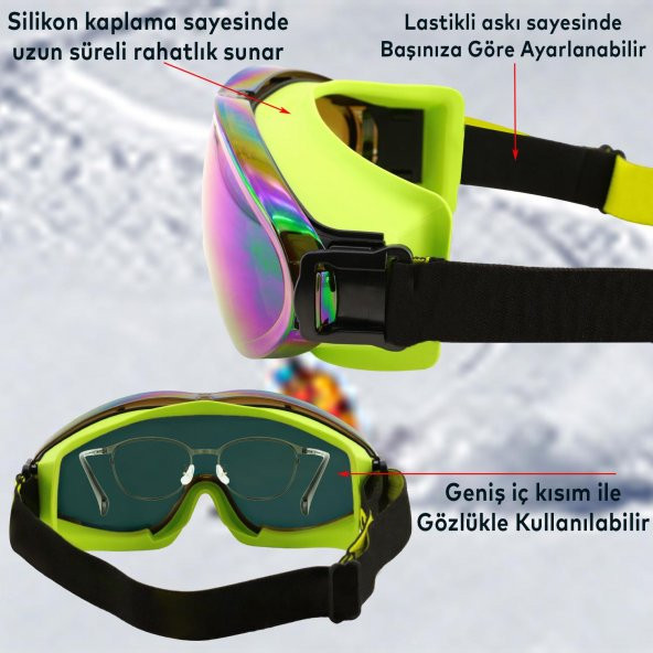 Kayak Gözlüğü Değiştirebilir Camlı Antifog Güneş Kar Koruyucu Gözlük Gökkuşağı Snowboard Glasses Gözlük - 4