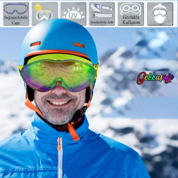 Kayak Gözlüğü Değiştirebilir Camlı Antifog Güneş Kar Koruyucu Gözlük Gökkuşağı Snowboard Glasses Gözlük - 6