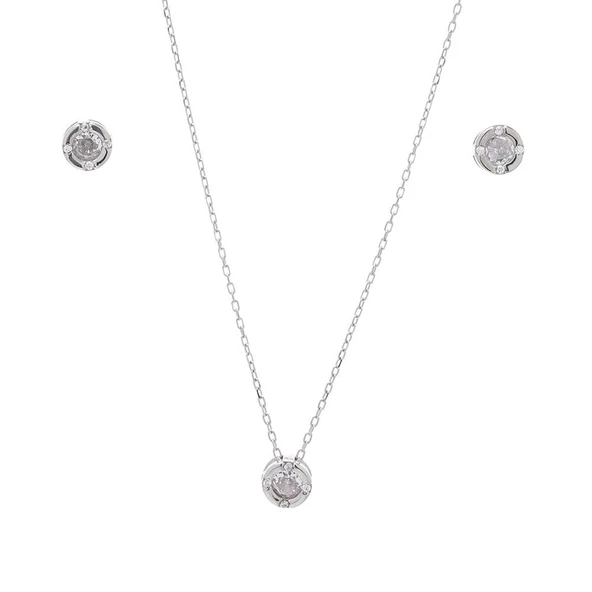 Kolye- Çivili Küpe 6,70 mm Çaplı Zirkon Taşlı 925 Ayar Gümüş İkili Kadın Seti