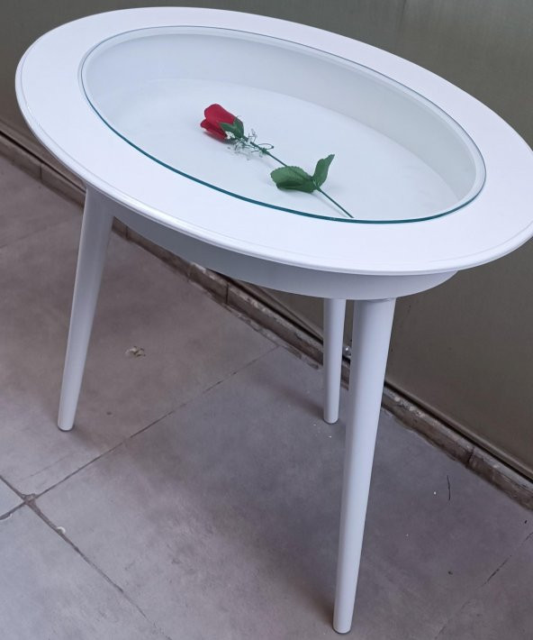 Hobi ADN 90269 Dekoratif Sehpa Rölyef Camlı Ahşap MDF Beyaz Lake Boya El Yapım - 7