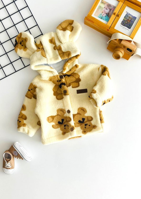 Neşeli Bebekler Kulaklı Kapüşonlu Peluş Hırka Vizon