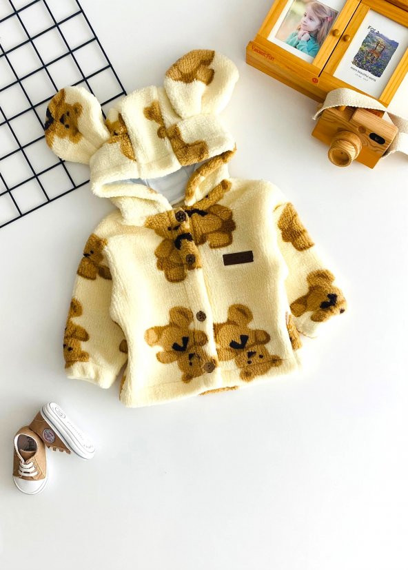 Neşeli Bebekler Kulaklı Kapüşonlu Peluş Hırka Vizon - 2