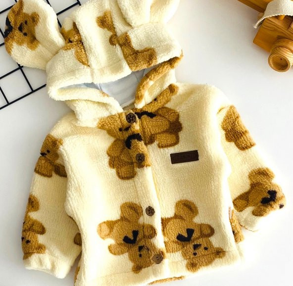 Neşeli Bebekler Kulaklı Kapüşonlu Peluş Hırka Vizon - 3