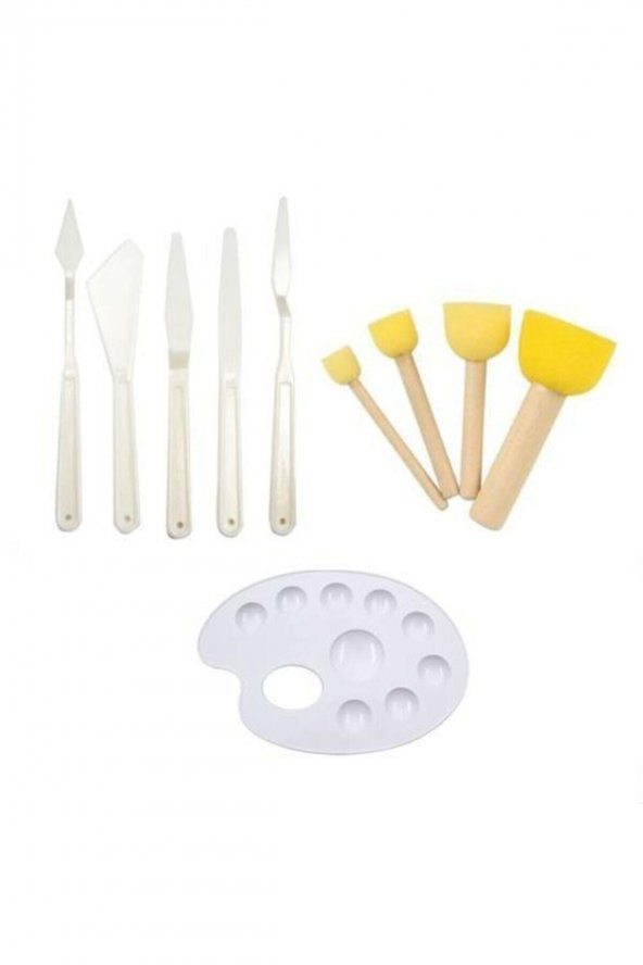 3lü Set Plastik Spatula Pon Pon Fırça Ve Palet Yardımcı Set (akrilik , guaj ve yağlı boya için )