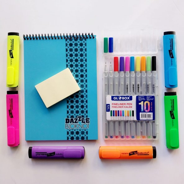 neon renkler  fosforlu kalem seti + fineliner kalem seti + postit ve bloknot kırtasiye seti