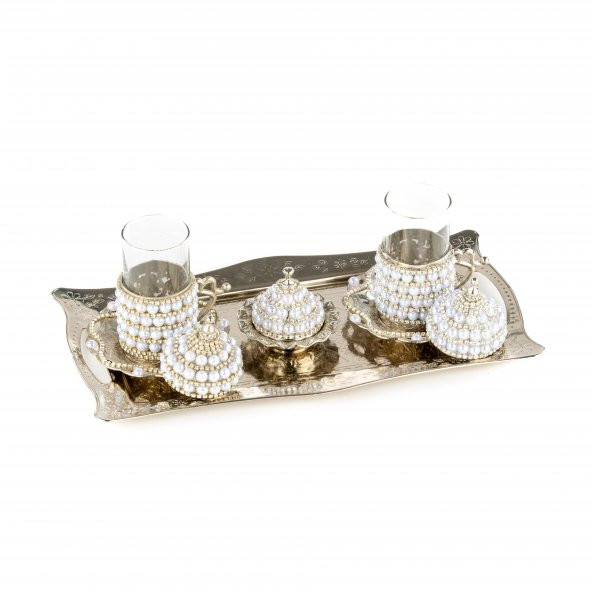 Zarif İnci ve Taşlı Çay Bardak Seti 2 li Lale Desenli -Beyaz - Resim 2