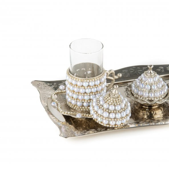 Zarif İnci ve Taşlı Çay Bardak Seti 2 li Lale Desenli -Beyaz - Resim 3