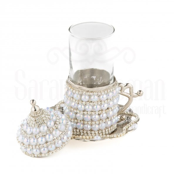 Zarif İnci ve Taşlı Çay Bardak Seti Tek Lale Desenli -Beyaz