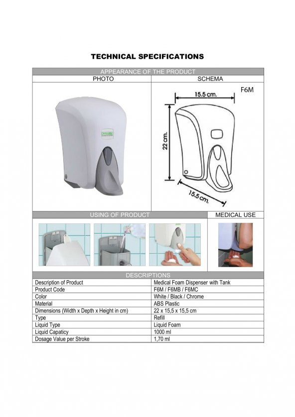 Şeker Portakalım Vialli F6M Hazneli Medikal Köpük Sabun Dispenseri Aparatı 1000 ml Beyaz - 2