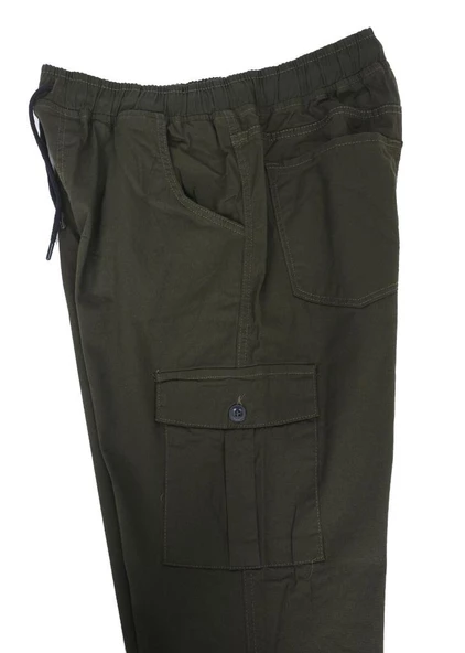 Battal Beden Çok Cepli Beli Lastikli Pantolon Haki Renk - 11