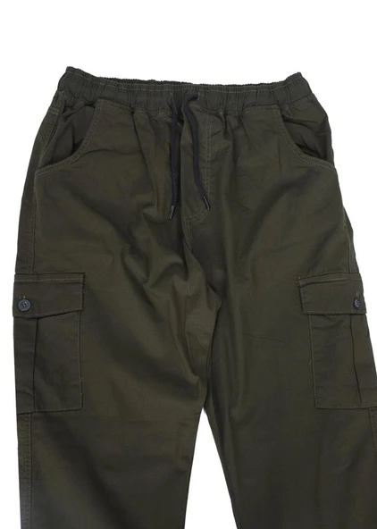 Battal Beden Çok Cepli Beli Lastikli Pantolon Haki Renk - 3