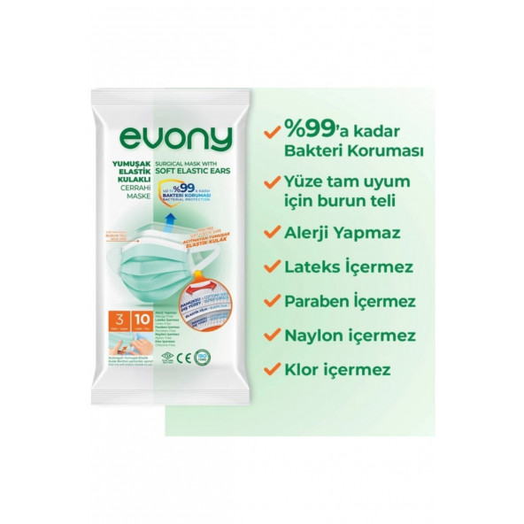 Evony Cerrahi Maske Yumuşak Elastik 3 Katlı 10'lu 10 Paket 100 Adet Maske - 2