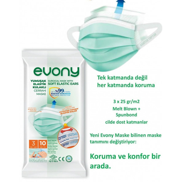 Evony Cerrahi Maske Yumuşak Elastik 3 Katlı 10'lu 10 Paket 100 Adet Maske - 9