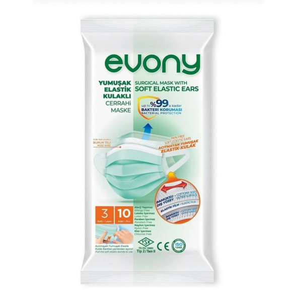 Evony Cerrahi Maske Yumuşak Elastik 3 Katlı 10'lu 10 Paket 100 Adet Maske - 10