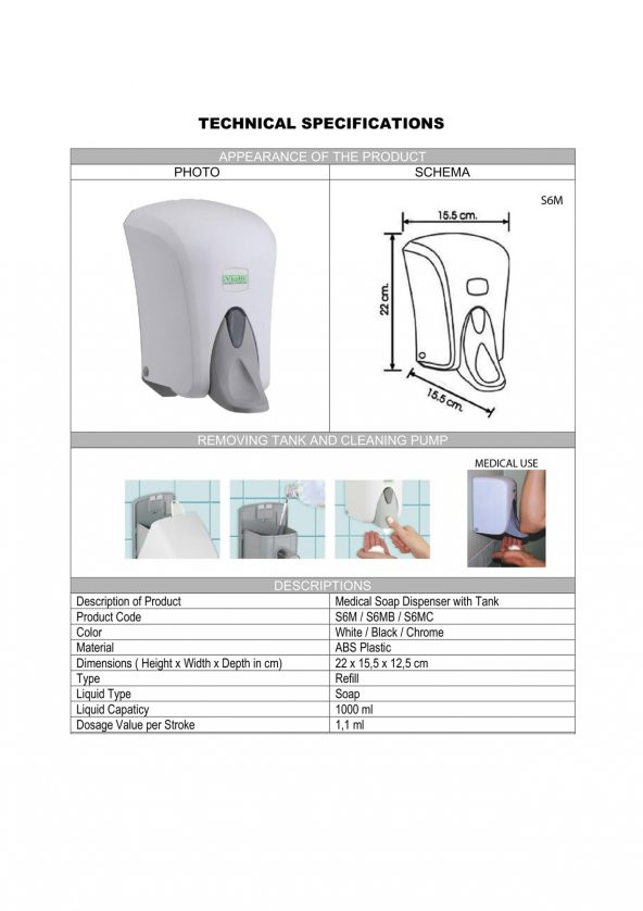 Şeker Portakalım Vialli S6M Hazneli Medikal Sıvı Sabun Şampuan Dezenfektan Dispenseri 1000 ml Beyaz - 2