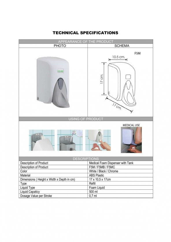 Şeker Portakalım Vialli F5M Hazneli Medikal Köpük Sabun Dispenseri Aparatı 500 ml Beyaz - 2