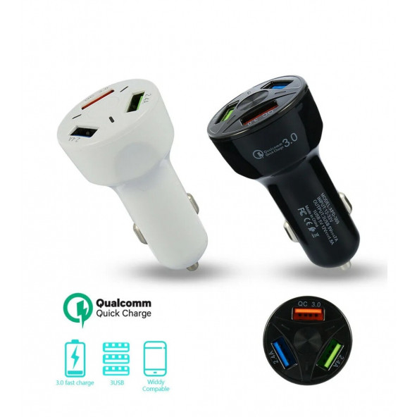 Oto 3 Usb Qualcomm Quick Qc 3.0 7a Hızlı Araç Şarj Aleti Cihazı - Beyaz - 2