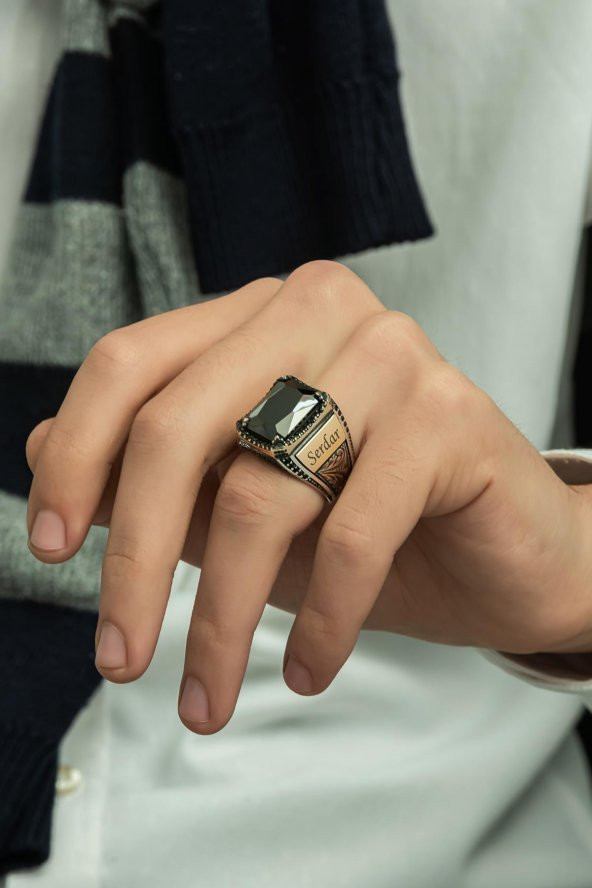 Siyah Oniks Taşlı İsimli 925 Gümüş Erkek Yüzük - Resim 2