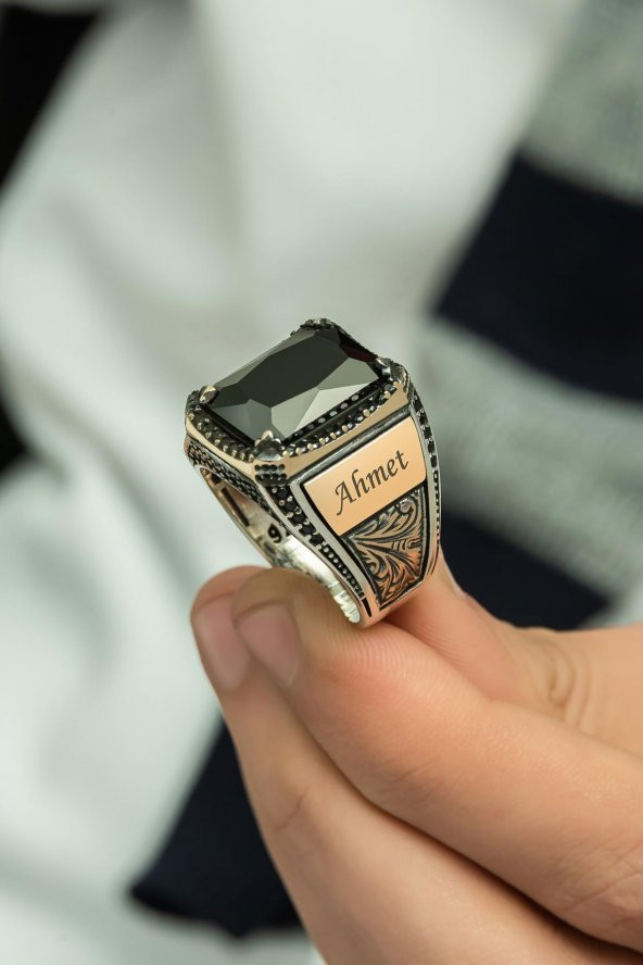 Siyah Oniks Taşlı İsimli 925 Gümüş Erkek Yüzük - Resim 4
