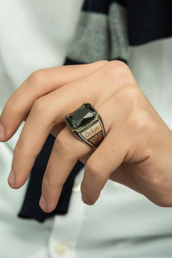 Siyah Oniks Taşlı İsimli 925 Gümüş Erkek Yüzük - Resim 5