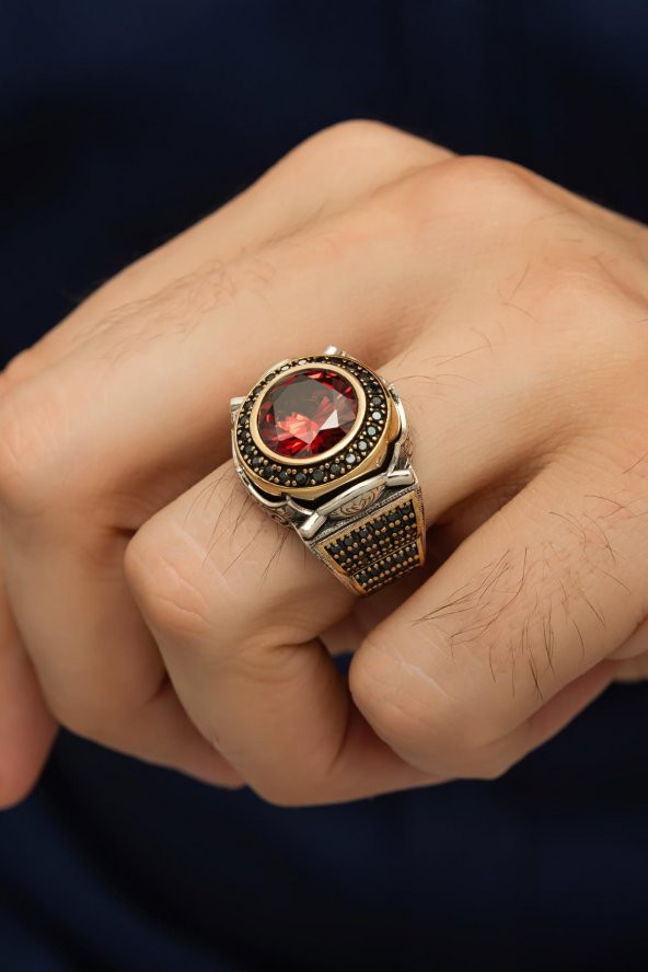 Yuvarlak Kırmızı Taşlı 925 Gümüş Erkek Yüzük ürün görseli