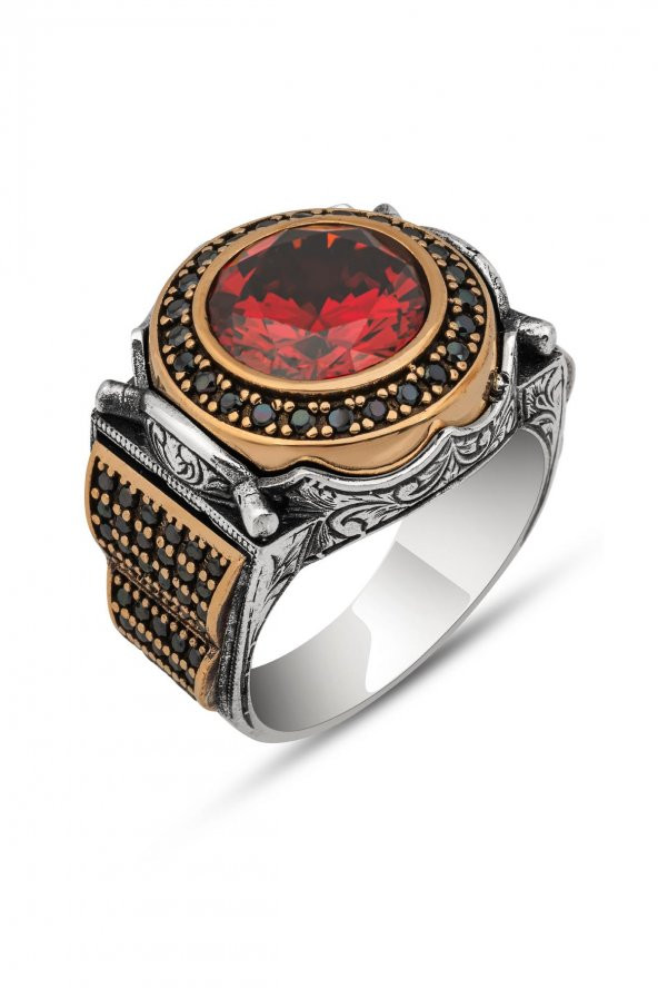 Yuvarlak Kırmızı Taşlı 925 Gümüş Erkek Yüzük - Resim 2