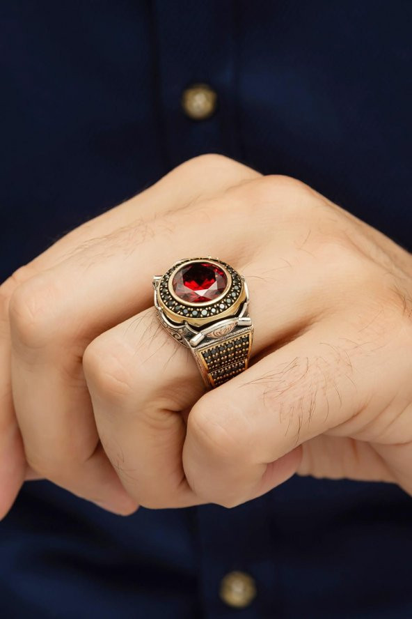 Yuvarlak Kırmızı Taşlı 925 Gümüş Erkek Yüzük - Resim 3