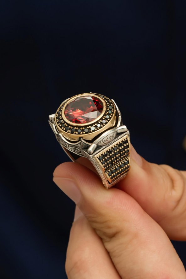 Yuvarlak Kırmızı Taşlı 925 Gümüş Erkek Yüzük - Resim 5