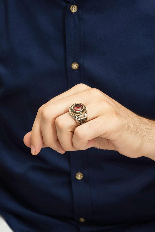 Yuvarlak Kırmızı Taşlı 925 Gümüş Erkek Yüzük - Resim 6