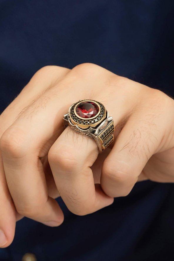 Yuvarlak Kırmızı Taşlı 925 Gümüş Erkek Yüzük - Resim 7