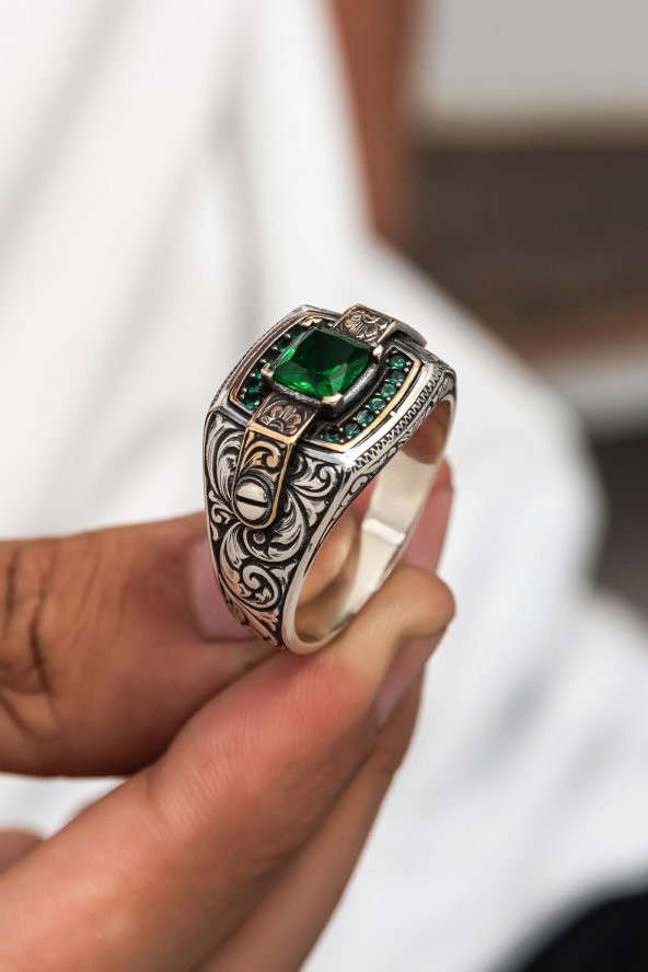 Yeşil Taşlı Erzurum Oyma Desenli 925 Gümüş Erkek Yüzük ürün görseli