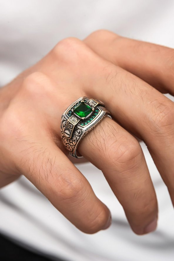 Yeşil Taşlı Erzurum Oyma Desenli 925 Gümüş Erkek Yüzük - Resim 4