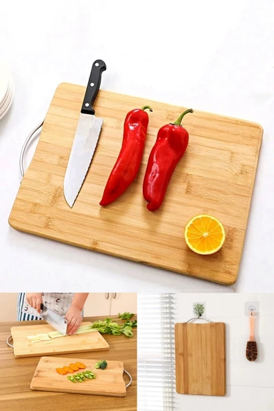 2'li Bambu Kesim Tahtası Büyük + Orta Boy Çelik Saplı Peynir Sunum Tepsi Sebze Doğrama Panosu Seti - 2