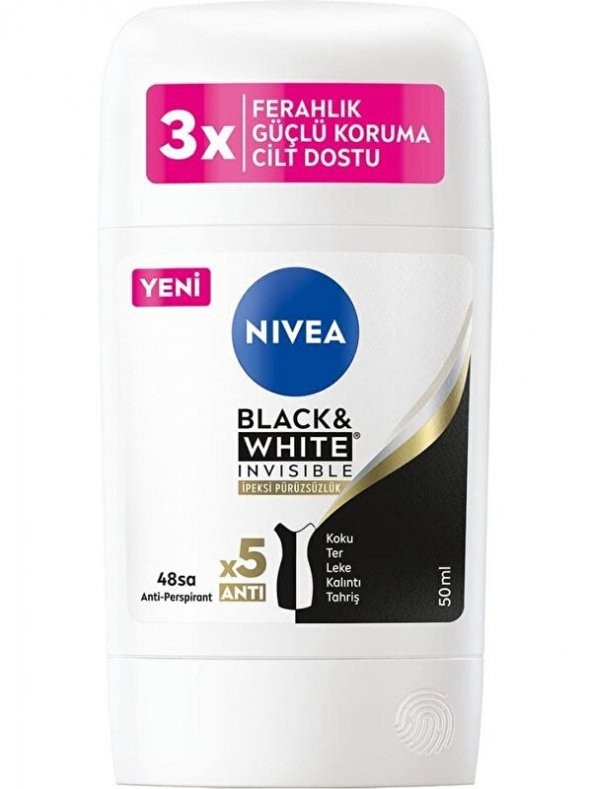 Nivea Kadın Stick Deodorant Black & White Invisible Ipeksi Pürüzsüzlük 48 Saat Anti-Perspirant Koruma 50 ml ürün görseli 1