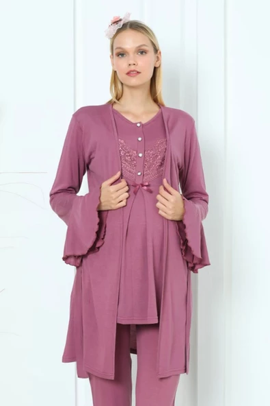 Vişne Renk Dantel Detaylı Erdeniz 3391 Sabahlıklı Hamile Pijama Takımı - 2
