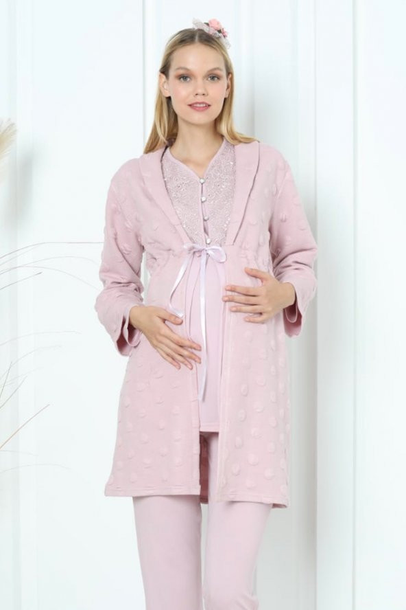 Pudra Renk Erdeniz 3392 Kışlık Wellsoft Sabahlıklı Hamile Pijama Takımı - 2