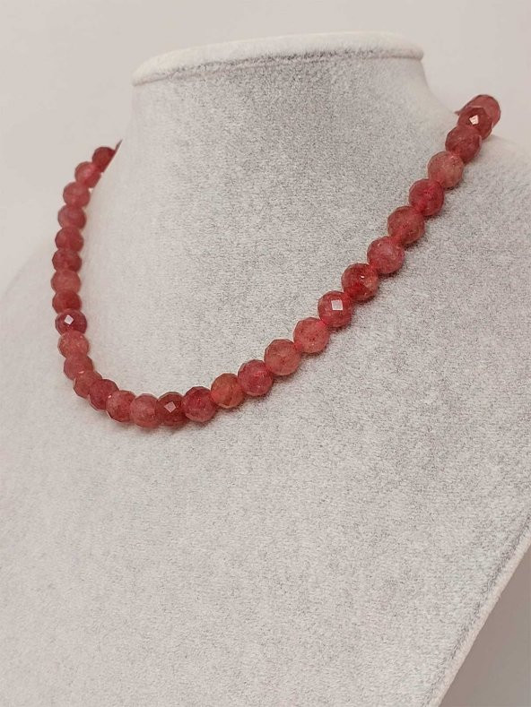 Çilek Kuvars Taşı Faset Kesim Kolye 8mm (Sabit Klipsli)